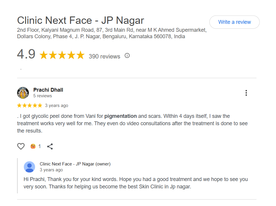 Google review — Clinic Next Face pigmentation patient