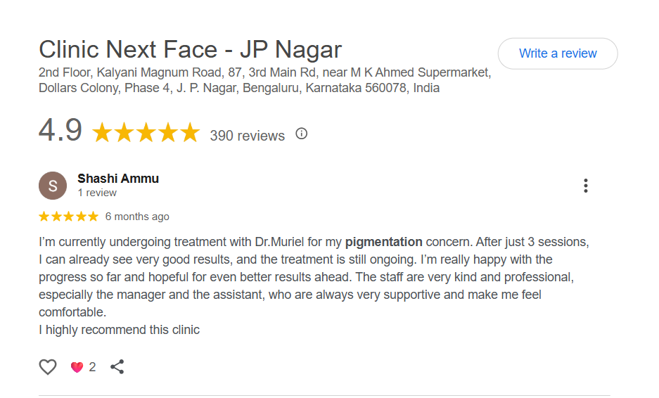 Google review — Clinic Next Face pigmentation patient