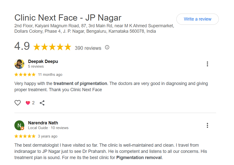 Google review — Clinic Next Face pigmentation patient