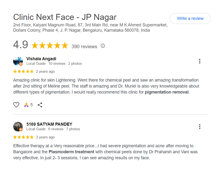 Google review — Clinic Next Face pigmentation patient