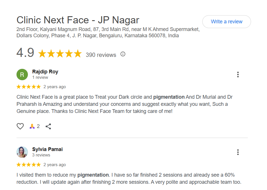 Google review — Clinic Next Face pigmentation patient