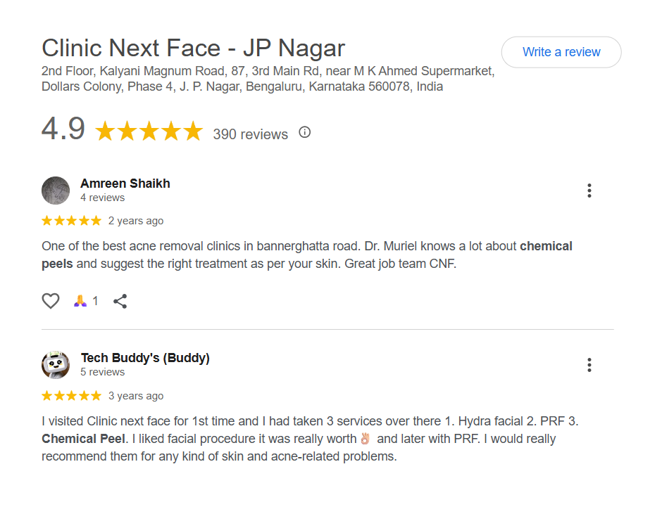 Google review — Clinic Next Face peel patient