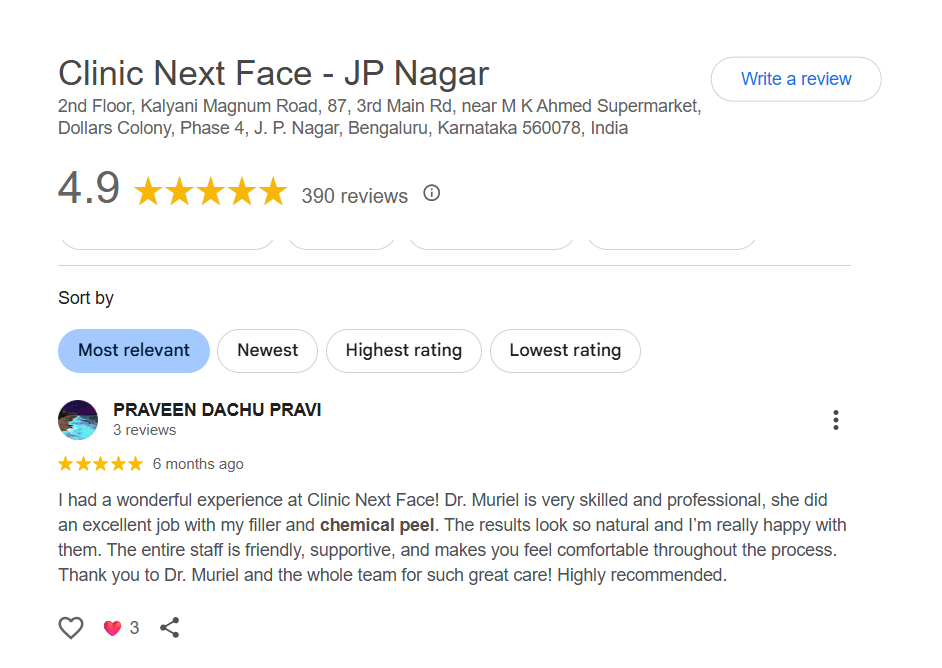 Google review — Clinic Next Face chemical peel patient