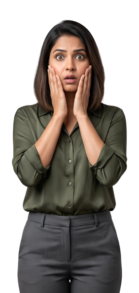 Woman alarmed at her over-filled, puffy cheeks