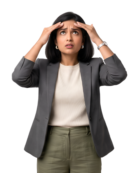 Woman straining to raise her eyebrows, forehead frozen after too much Botox