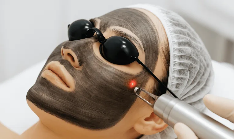 Carbon laser peel in progress — black carbon mask and laser at Clinic Next Face