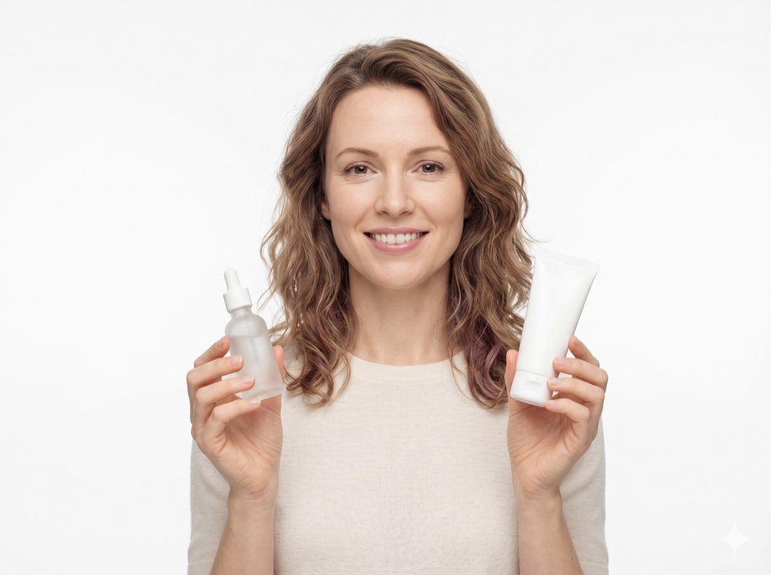 Patient holding prescribed medical-grade home-care skincare from Clinic Next Face